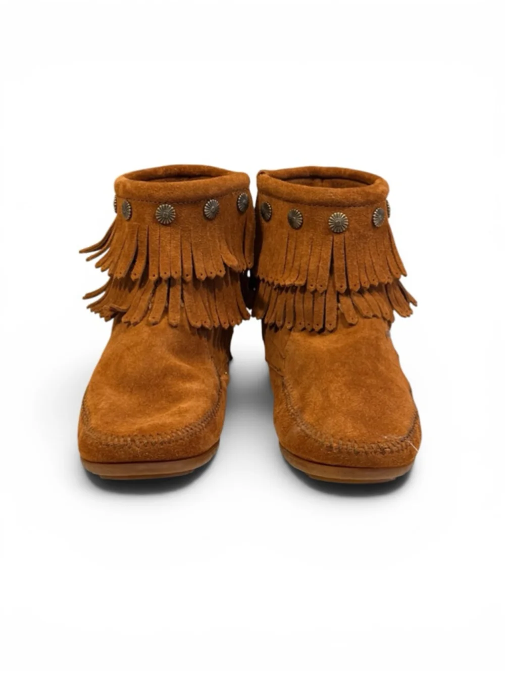 Minnetonka Women’s Double Fringe Suede Ankle Boots Brown Concho Moccasins 9.5 - Picture 2 of 8